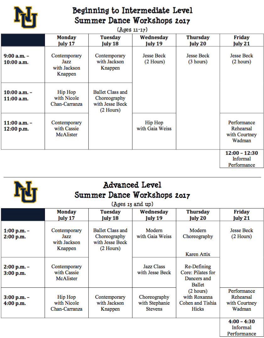 summer workshops schedule